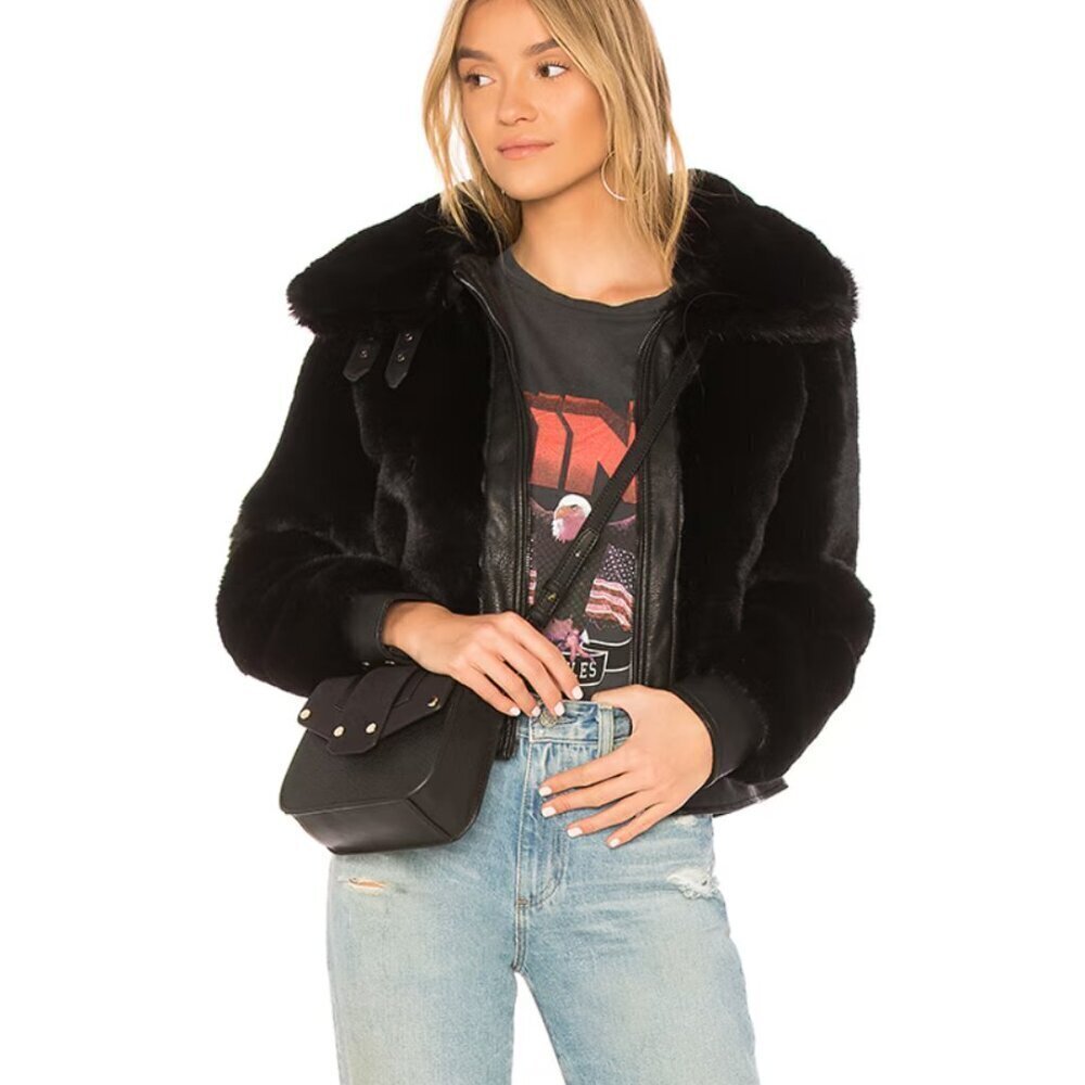 Blanknyc Black Noise Faux Fur Bomber Jacket Furry Moto Coat Vegan Size Large